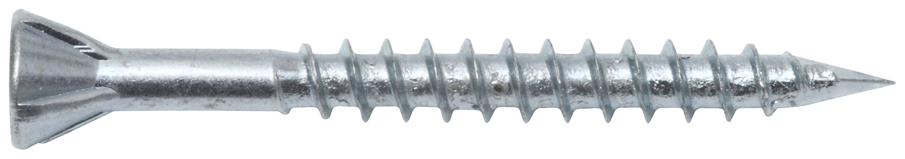 Eine silberne Metallschraube mit Kreuzschlitzkopf und spitzem Ende, horizontal liegend.