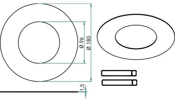 Technische Zeichnung eines flachen, runden Objekts mit einem Durchmesser von 180 mm und einer zentralen Öffnung von 96 mm.