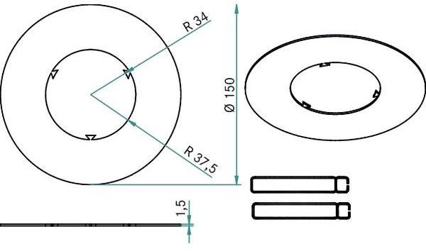 Technische Zeichnung eines kreisförmigen Teils mit Außenradius 37,5 mm, Innenradius 34 mm und einer Dicke von 1,5 mm.