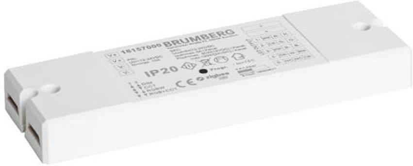 Weiße rechteckige LED-Treiber mit der Aufschrift 'BRUMBERG', Modellnummer 18475000, IP20, für den Innenbereich geeignet.