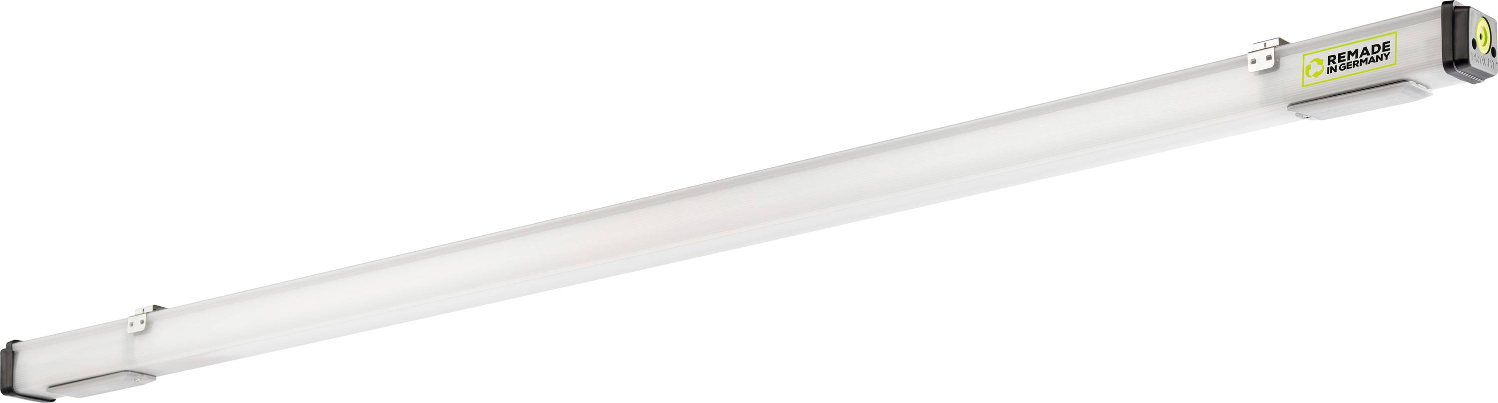 LED-Röhre mit metallischem Gehäuse, seitlich montiert und für industrielle Beleuchtung geeignet, Markenname oben rechts sichtbar.