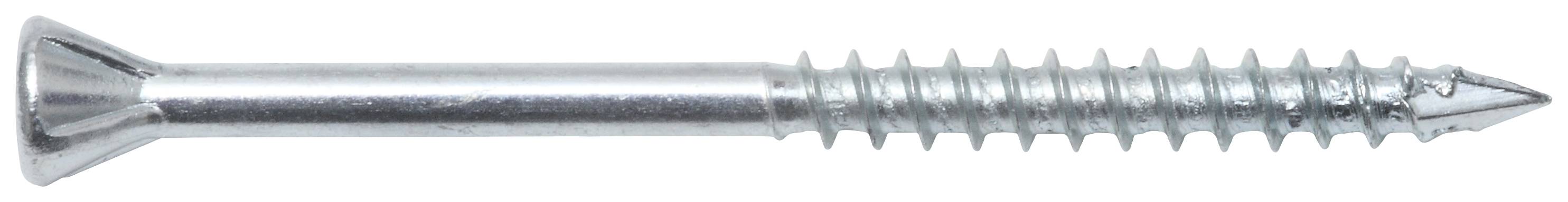 Eine silberne Schraube mit flachem Kopf und spitzem Ende, geeignet für Holzverbindungen.