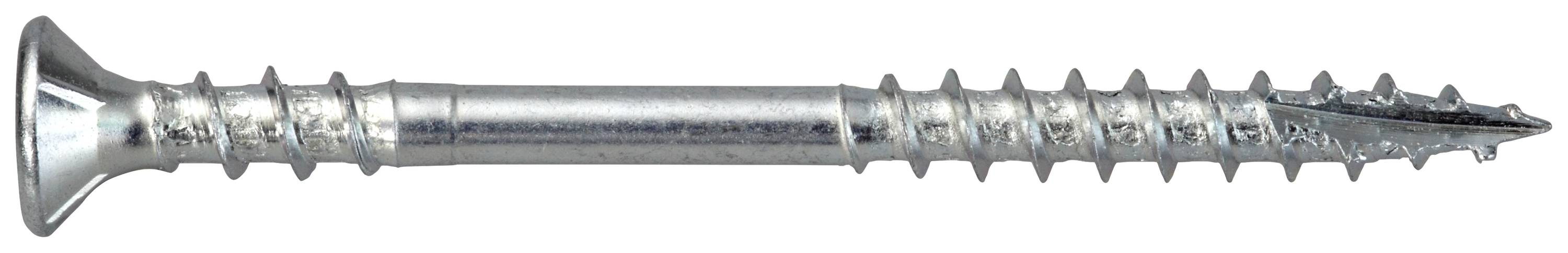 Ein silberfarbener Metallschraube mit Kreuzschlitzkopf und spitzen Gewinden, auf weißem Hintergrund dargestellt.