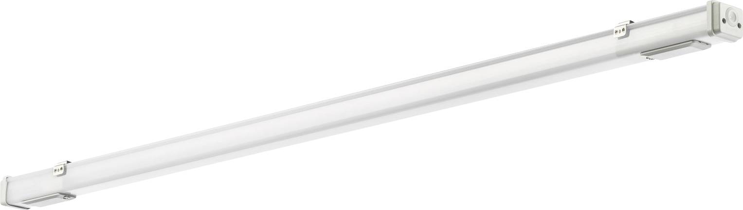 Eine lange, weiße LED-Leuchte, die zur Deckenmontage geeignet ist. Sie hat ein schlankes Design und eignet sich zur Beleuchtung großer Räume.