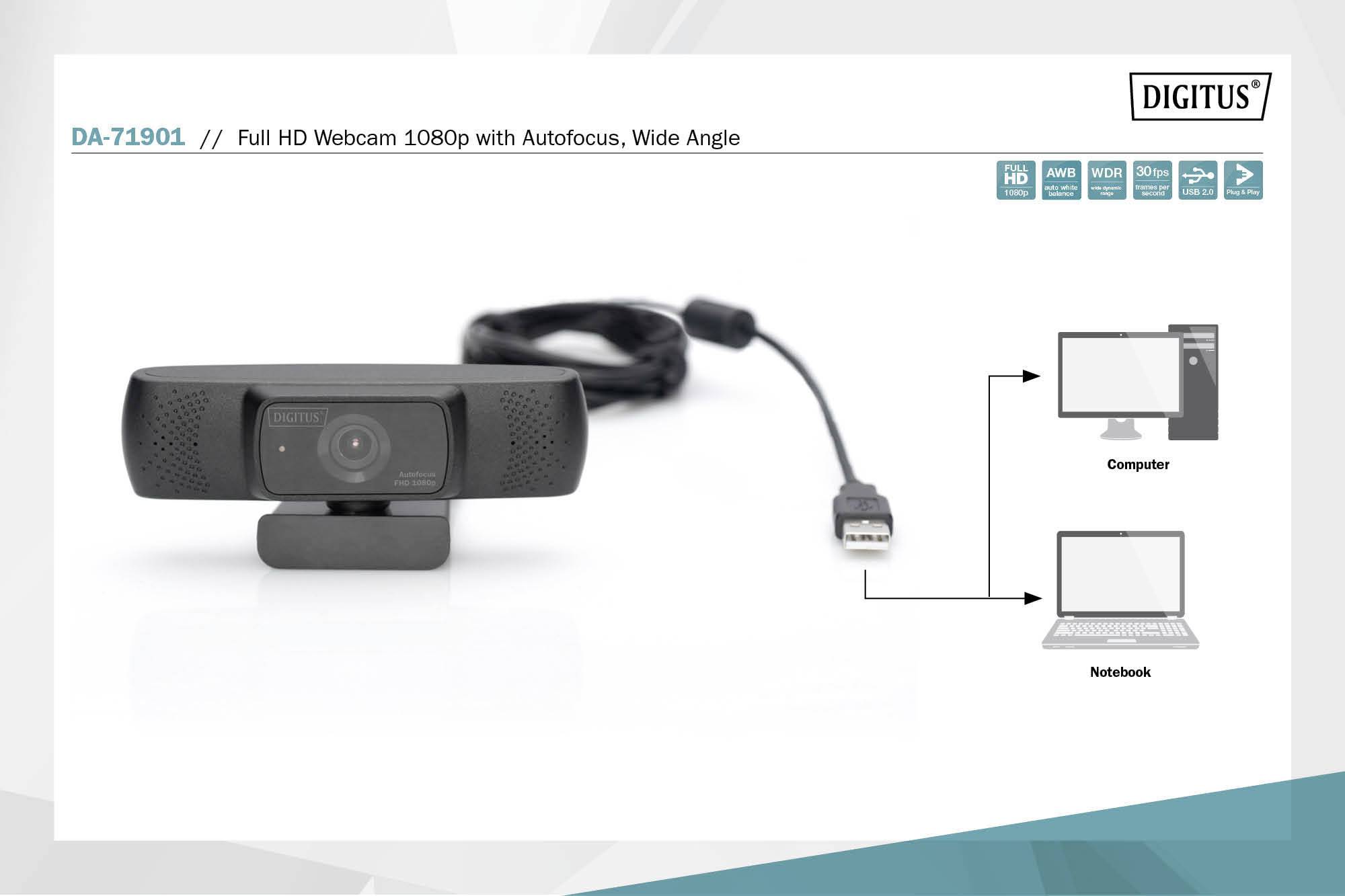 Digitus DA-71901 Full HD-Webcam 1280 x 720 Pixel, 1920 x 1080 Pixel, 640 x 480 Pixel Standfuß