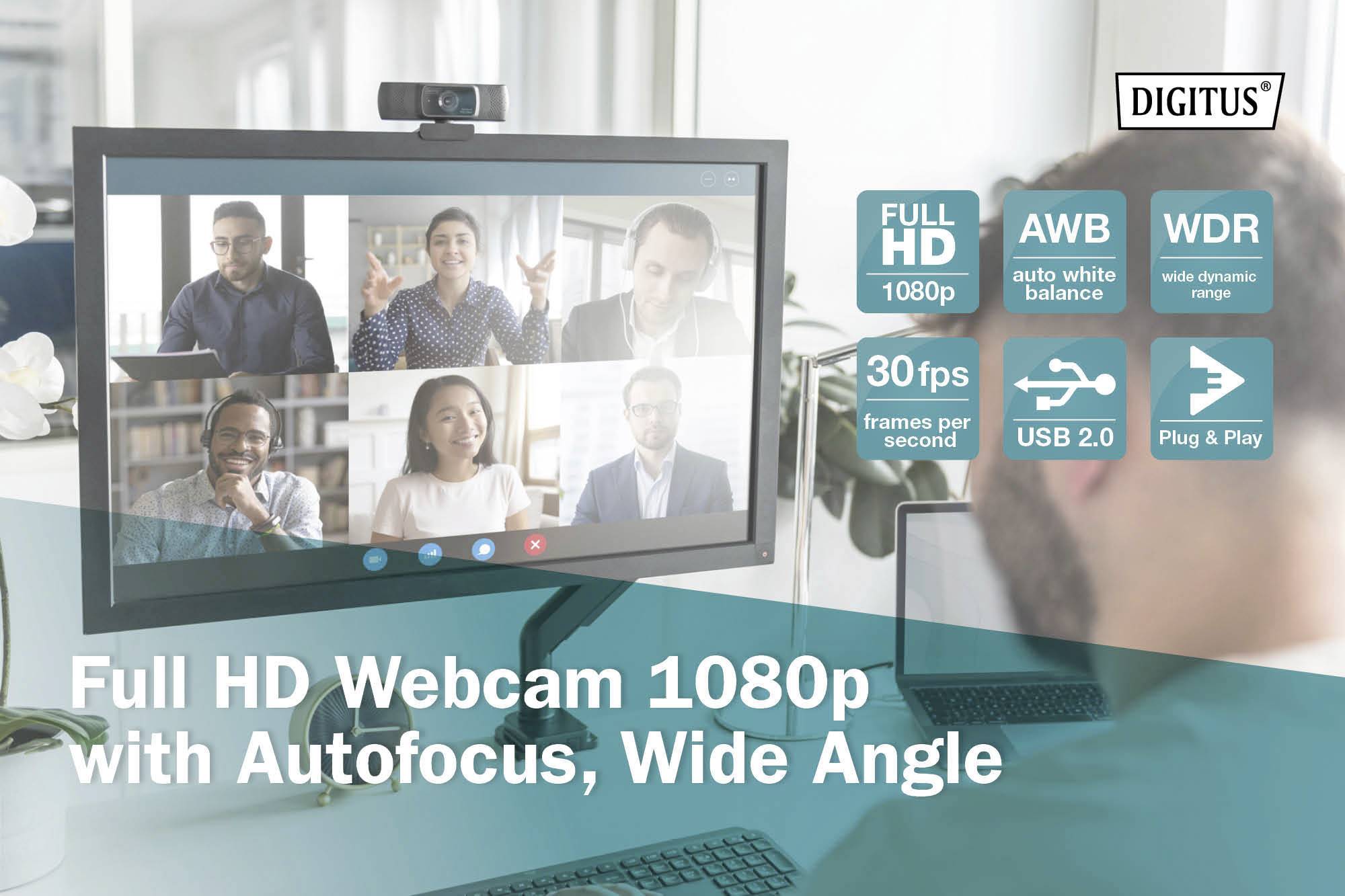 Digitus DA-71901 Full HD-Webcam 1280 x 720 Pixel, 1920 x 1080 Pixel, 640 x 480 Pixel Standfuß