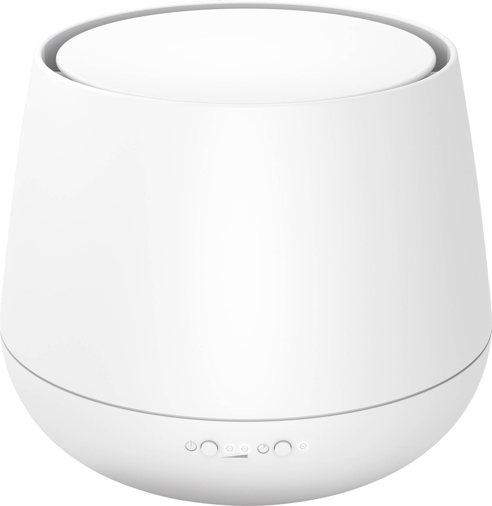 Ein weißer, moderner WLAN-Router mit glatter, konischer Form und Bedienknöpfen auf der Vorderseite.