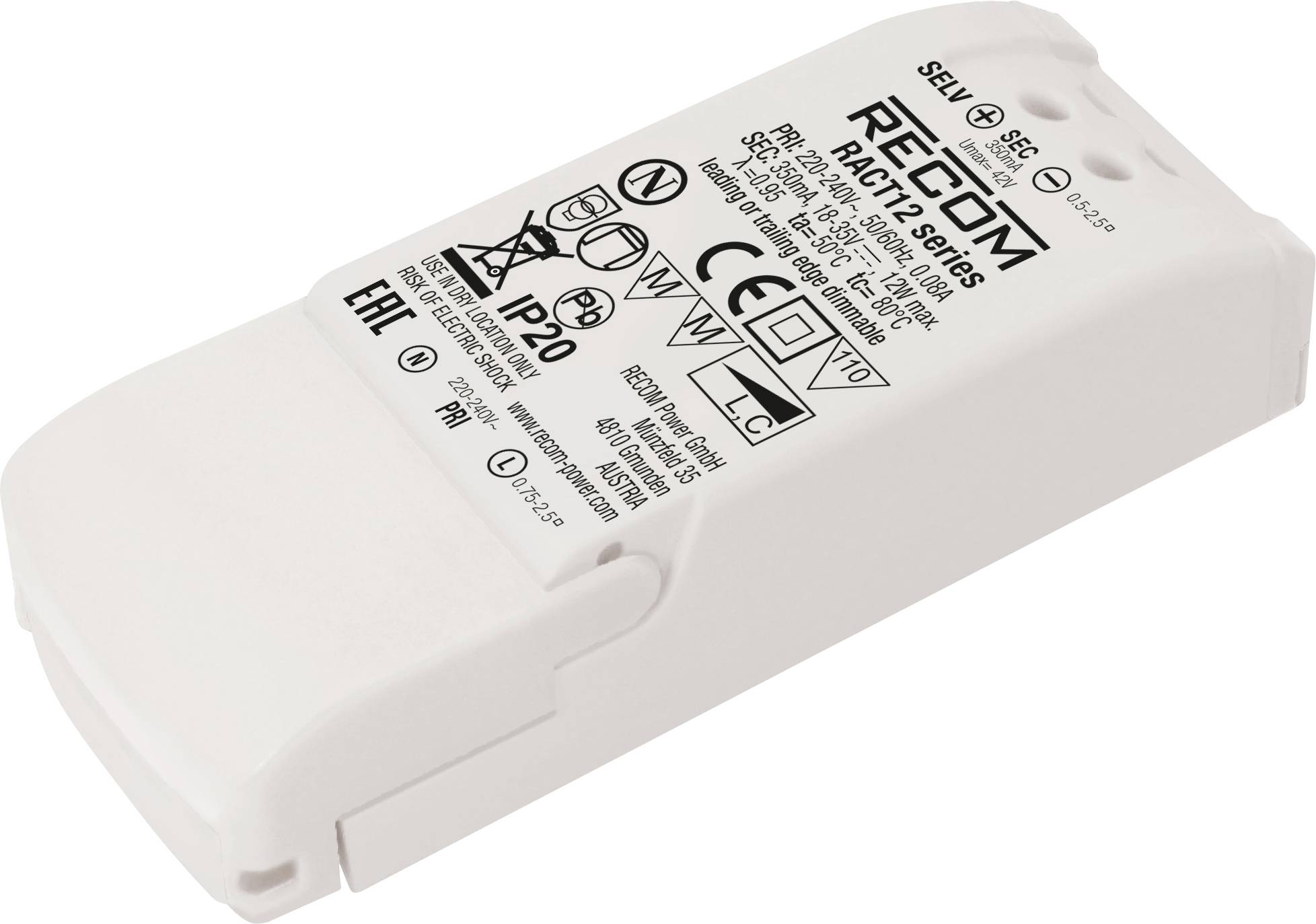 Ein rechteckiges elektronisches Bauteil mit diversen Zertifizierungs- und Sicherheitssymbolen. Beschriftet mit 'RECOM RACF-112'.