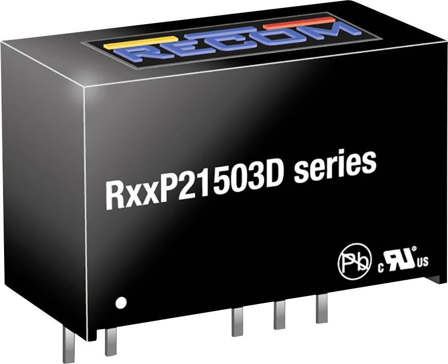 Schwarzer elektronischer Baustein mit der Aufschrift 'RxxP21503D series' und farbigem RECOM-Logo oben; rechteckige Form mit Metallanschlüssen.