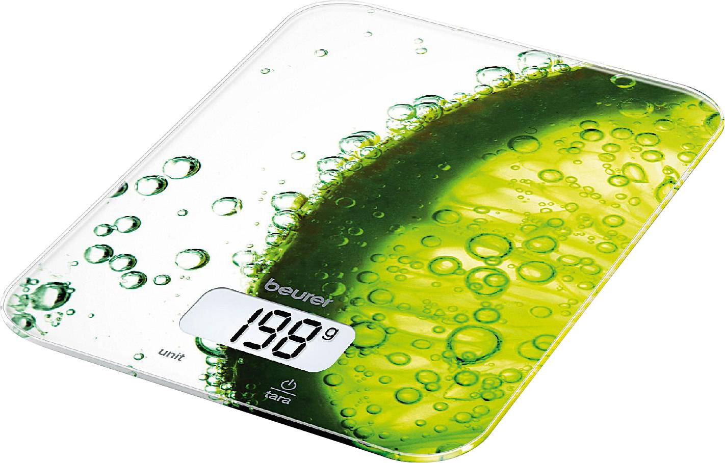 Digitale Küchenwaage mit grüner Limettenscheibe als Designhintergrund, zeigt ein Gewicht von 198 g an.