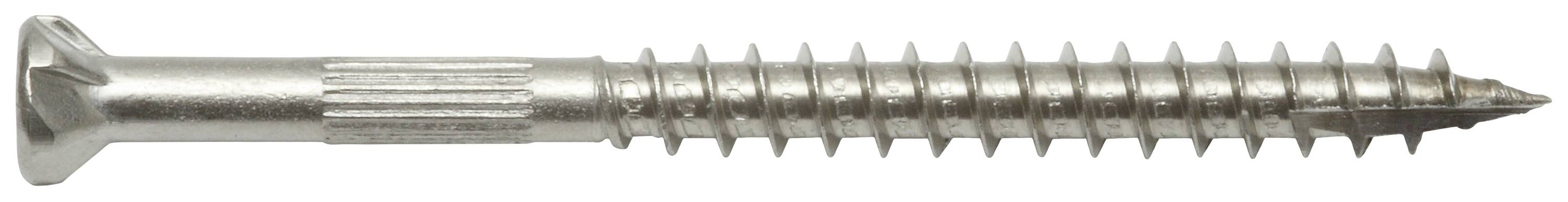 Schraube aus Metall mit flacher Senkkopf und grobem Gewinde. Sie ist silbern und aus Edelstahl gefertigt, geeignet für Holz- und Metallverbindungen.