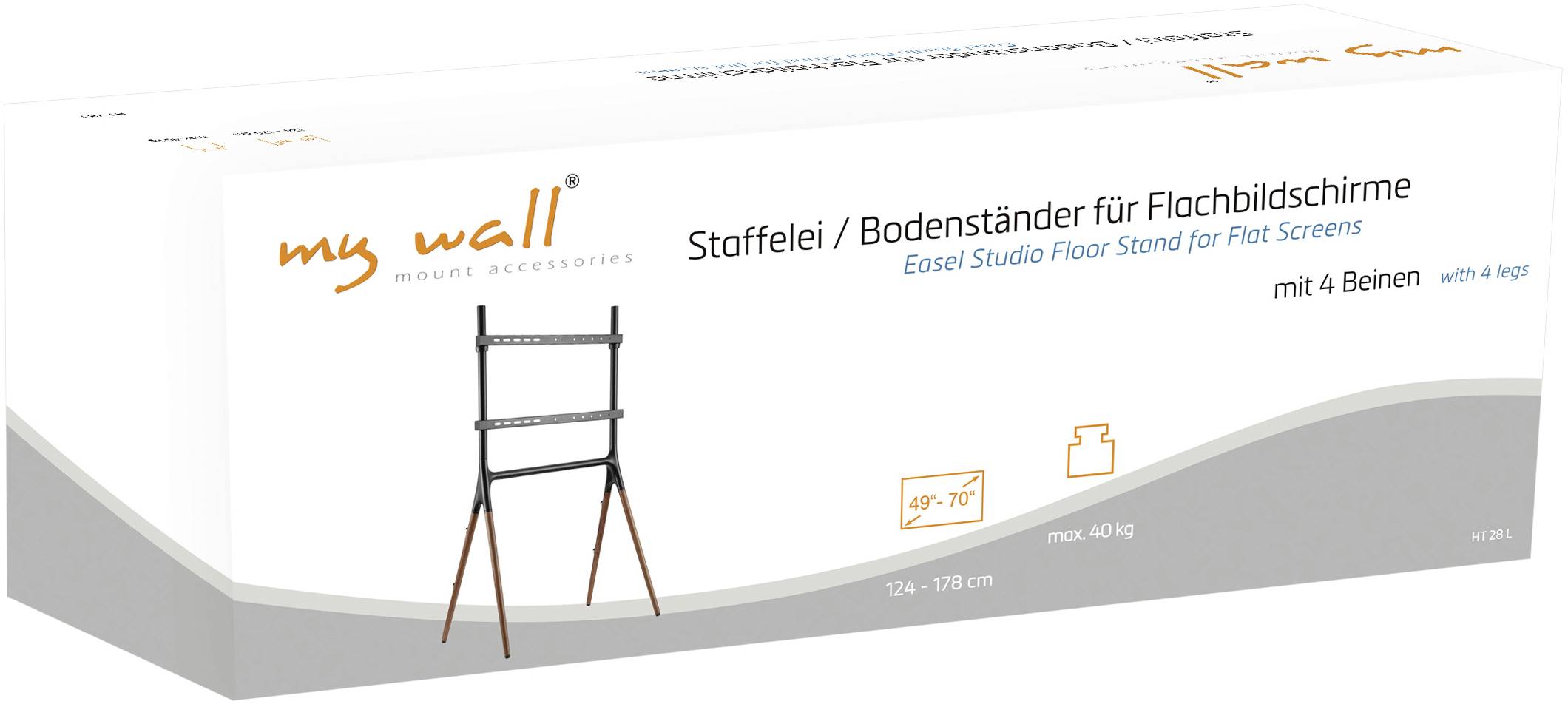 Verpackung eines Bodenständers für Flachbildschirme der Marke 'my wall', geeignet für Größen von 49''-70'', Höheneinstellbar.