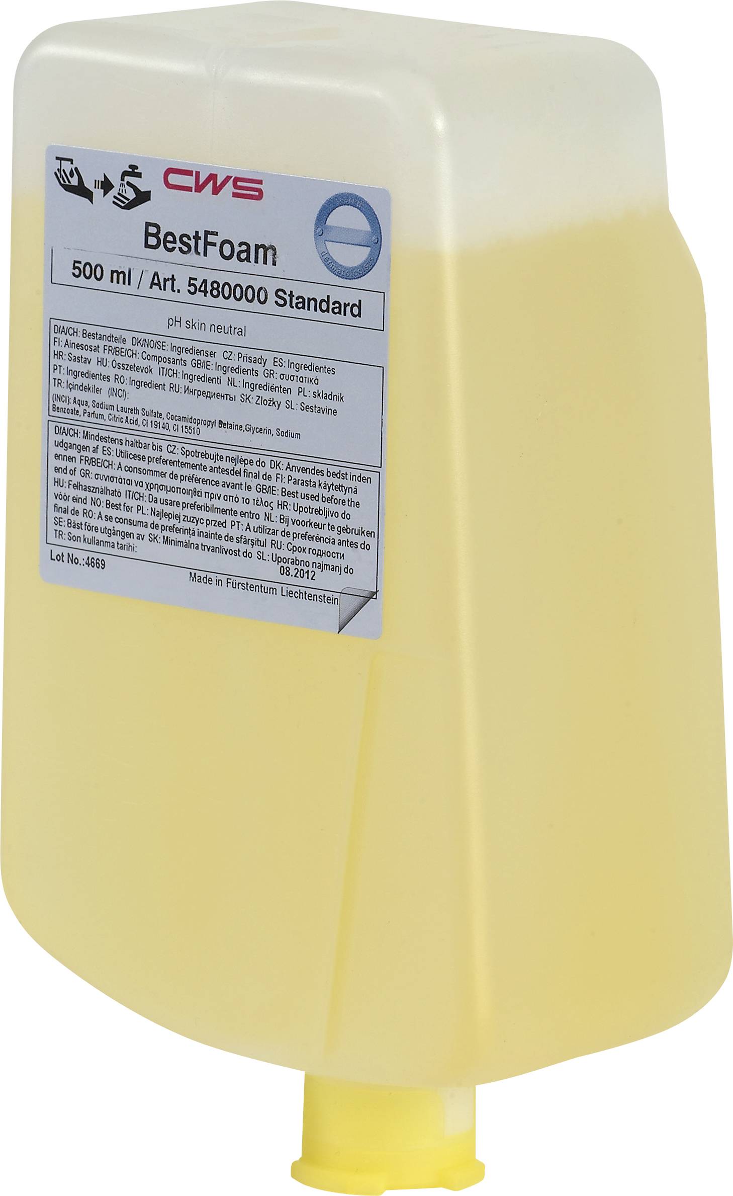 Gelbe Seifenflasche mit der Aufschrift 'CWS BestFoam, 500 ml, Art. 5480000 Standard'. Enthält Inhaltsstoffe und Anwendungsinformationen.
