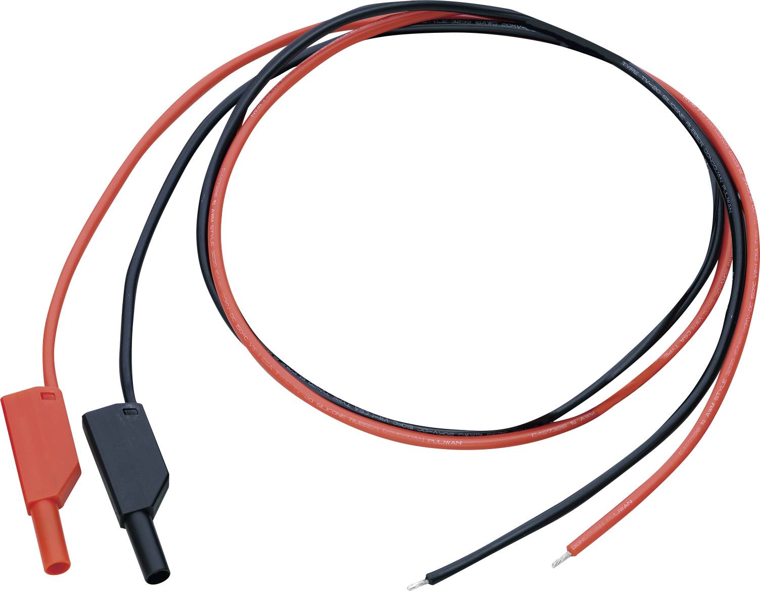 Rotes und schwarzes Kabel mit Krokodilklemmen an einem Ende, verwendet für elektrische Verbindungen und Tests.