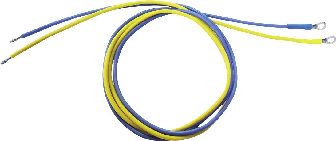 Zwei Kabel, eines blau, eines gelb, mit Ösen an den Enden, liegen spiralförmig auf einer weißen Oberfläche.