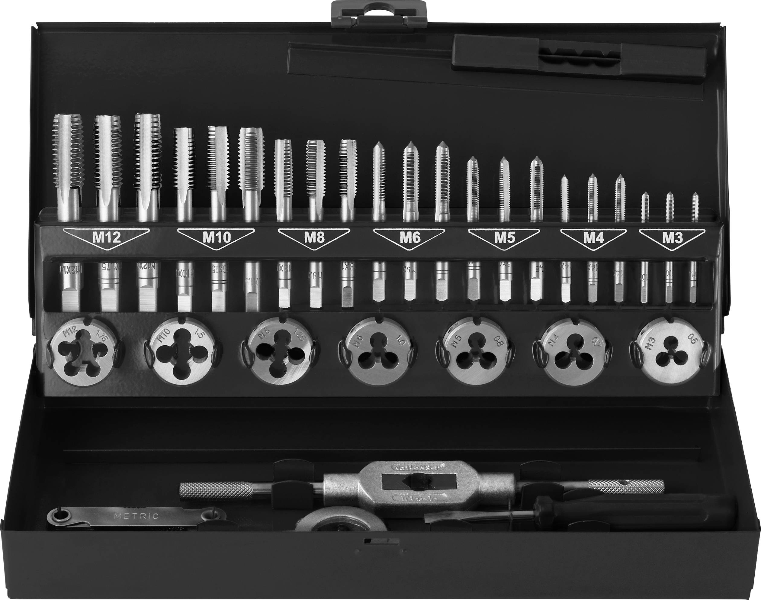 Ein Gewindeschneidsatz in einer offenen Box. Oben sind Gewindebohrer, unten Schneideisen für verschiedene Durchmesser von M3 bis M12.