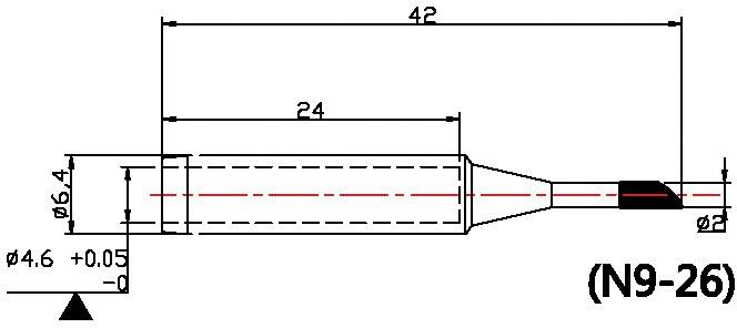 Technische Zeichnung eines zylindrischen Gegenstands mit genauen Maßen in Millimetern: Länge 42, Durchmesser 4,6 und 2. Modellnummer N9-26.