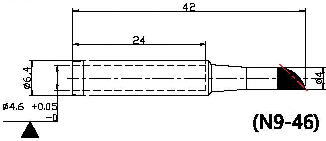 Technische Zeichnung eines zylindrischen Teils mit Maßen: Gesamt 42 mm, Segment 24 mm. Durchmesser variierend von 4,6 mm bis 6,4 mm.