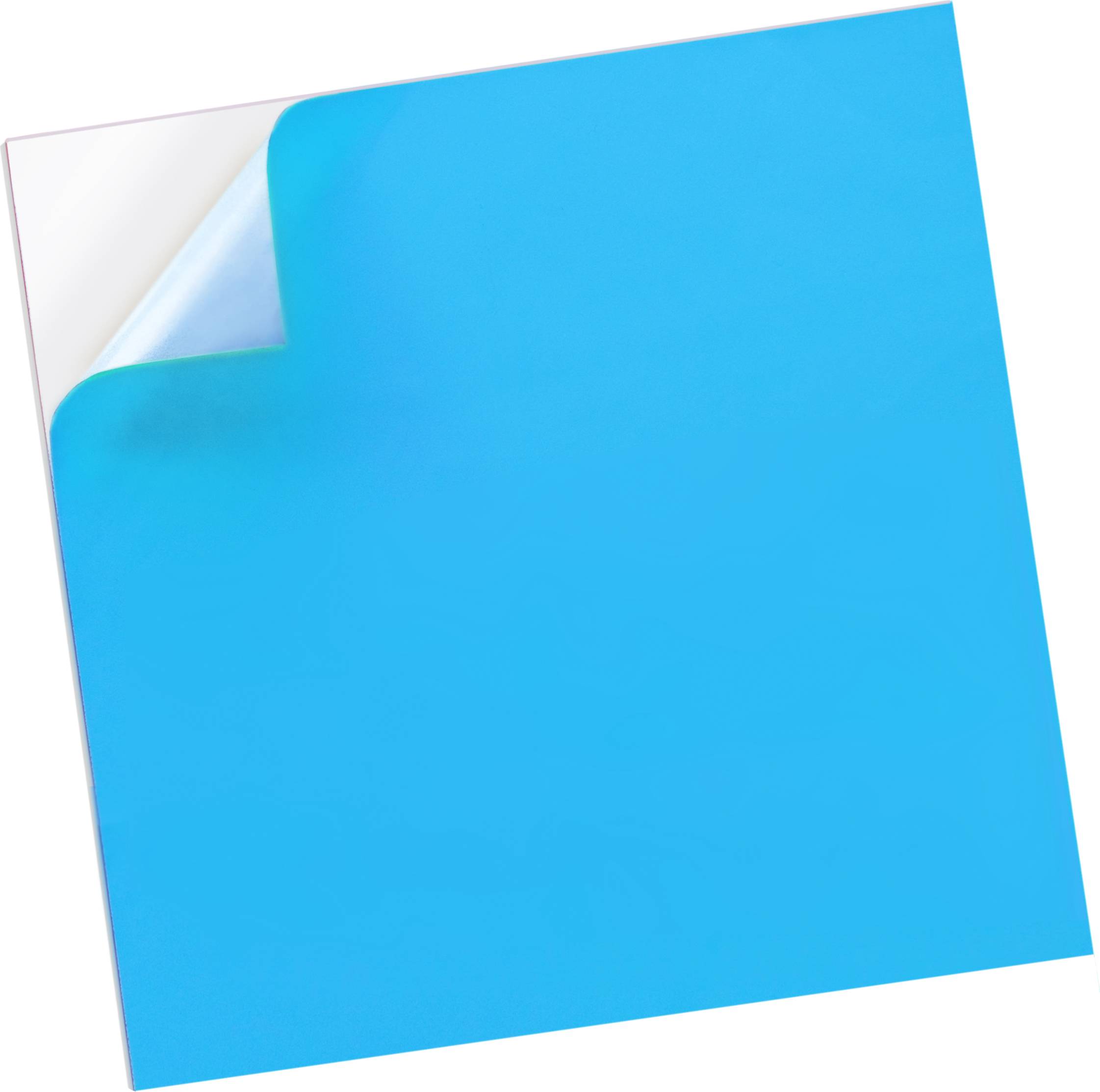 Eine hellblaue quadratische Klebenotiz mit einer leicht abgelösten Ecke oben links, die einen weißen Untergrund zeigt.