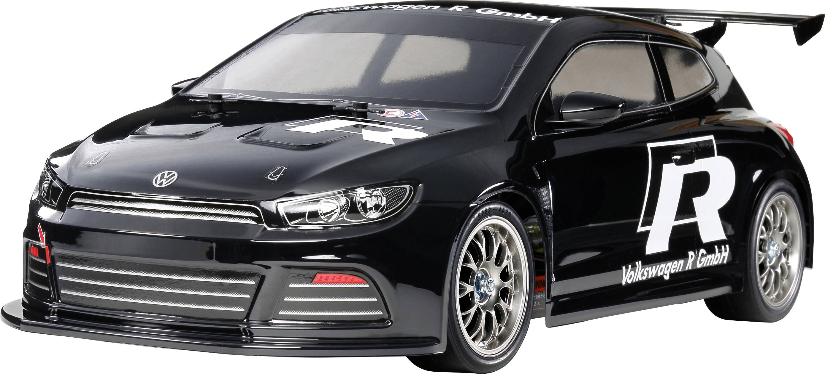 Tamiya TT-01E VW Scirocco GT, Set Schwarz Brushed 1:10 RC Modellauto Elektro Straßenmodell Allradantrieb (4WD) Bausatz 2,4GHz
