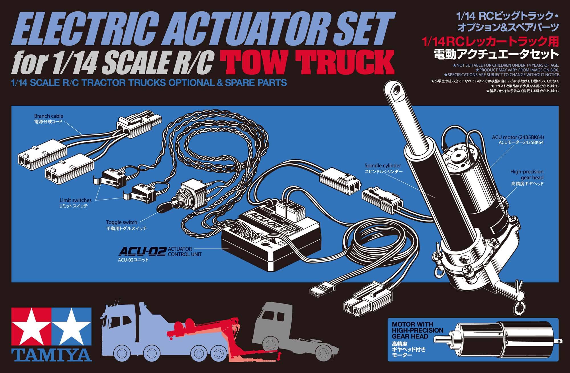 Bausatz für elektrischen Betätigungsmechanismus für 1/14 RC-Abschleppwagen. Enthält Steuergerät, Motor und diverse Kabel.