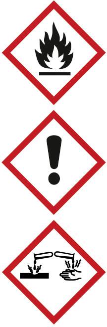 Drei Gefahrenpiktogramme: Flamme (entzündlich), Ausrufezeichen (Vorsicht), Ätzwirkung (ätzend bei Berührung).