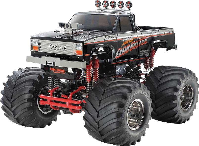 Ein schwarzer Monstertruck mit großen Reifen und Ralleystreifen steht vor weißem Hintergrund. Modellname 'Super Clod Buster'.
