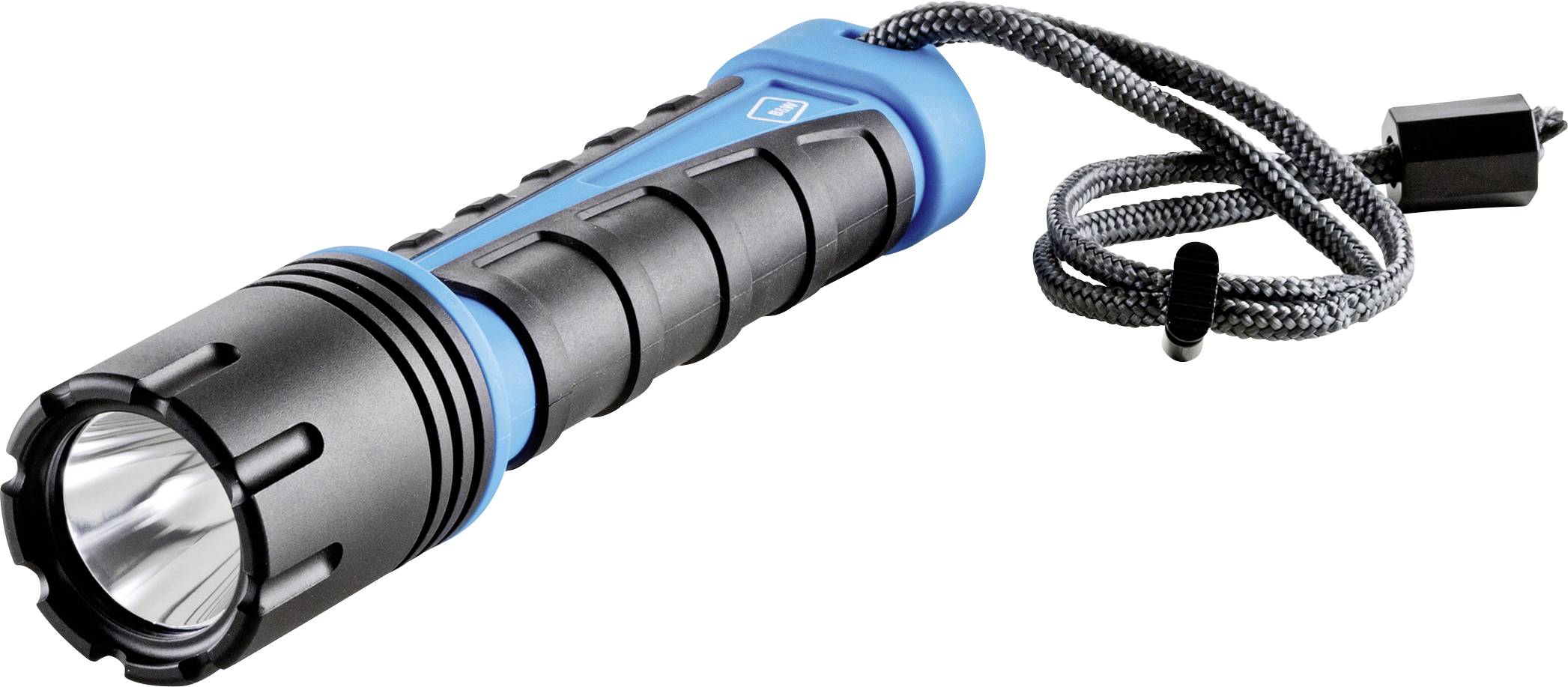 Schwarze und blaue Taschenlampe mit Griff und Schlaufe.