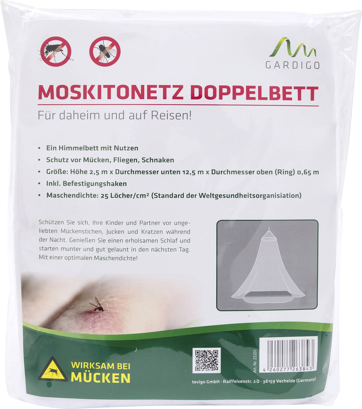 'Moskitonetz Doppelbett' mit Nutzenbeschreibung, Bildern von Netz und Anwendung, sowie Herstellerlogo 'Gardigo'. Schutz vor Insekten.