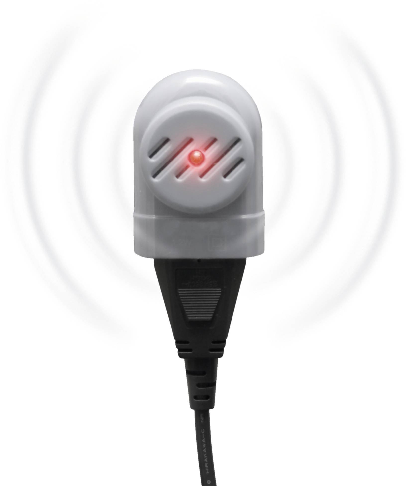 Ein elektronisches Insektenabwehrgerät mit rotem Licht in der Mitte, umgeben von Wellenlinien, die signalisiert, dass es aktiv ist.