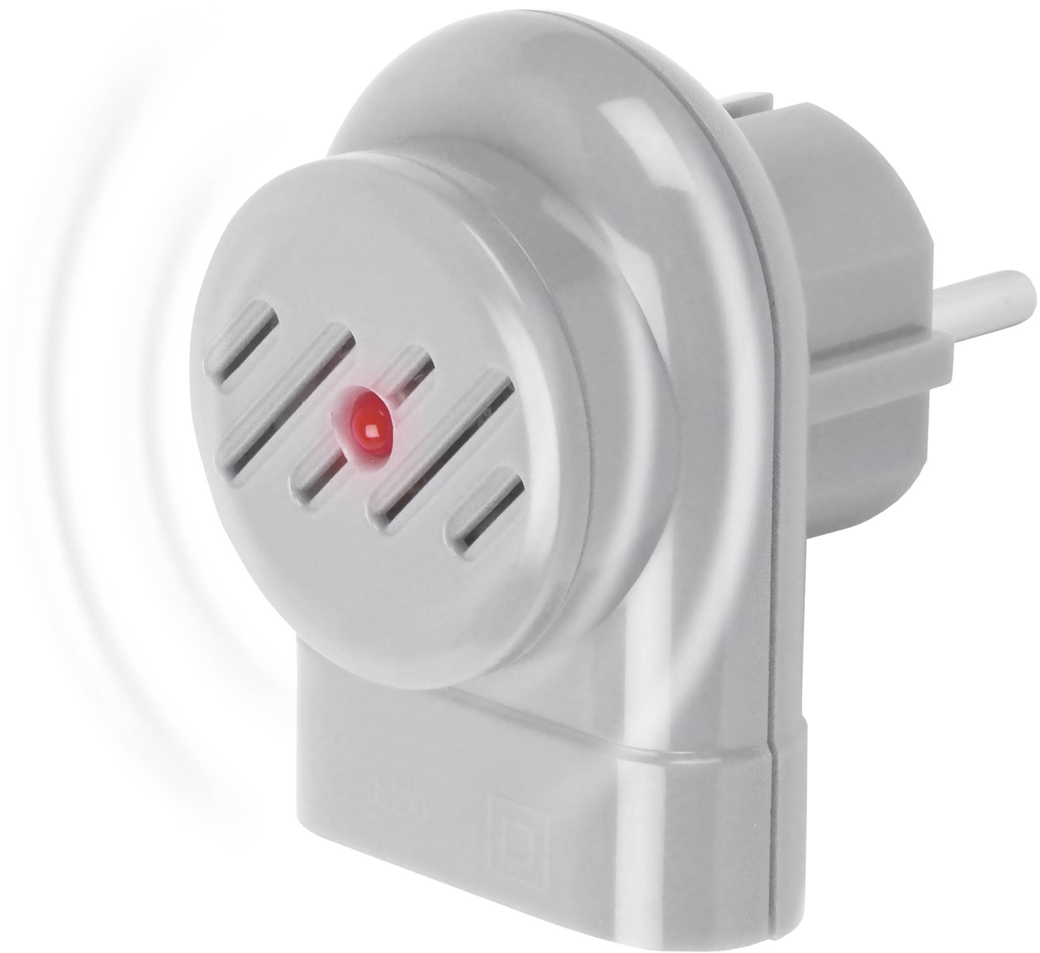 Grauer elektronischer Steckdoseneinsatz mit roter LED-Anzeige, möglicherweise zur Signalgebung oder Warnung, Seitenansicht.
