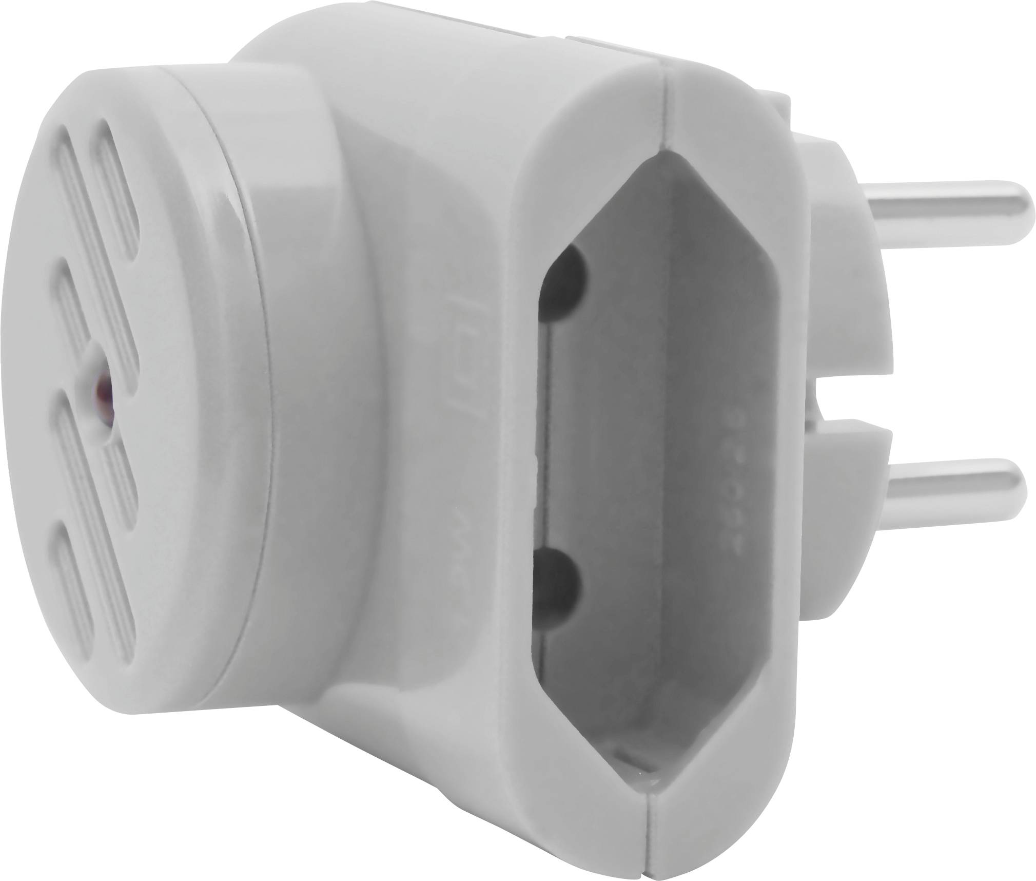 Ein weißer, rechtwinkliger Steckdosenadapter mit Schutzkontaktstecker und zwei Löchern zur Aufnahme von Steckern.
