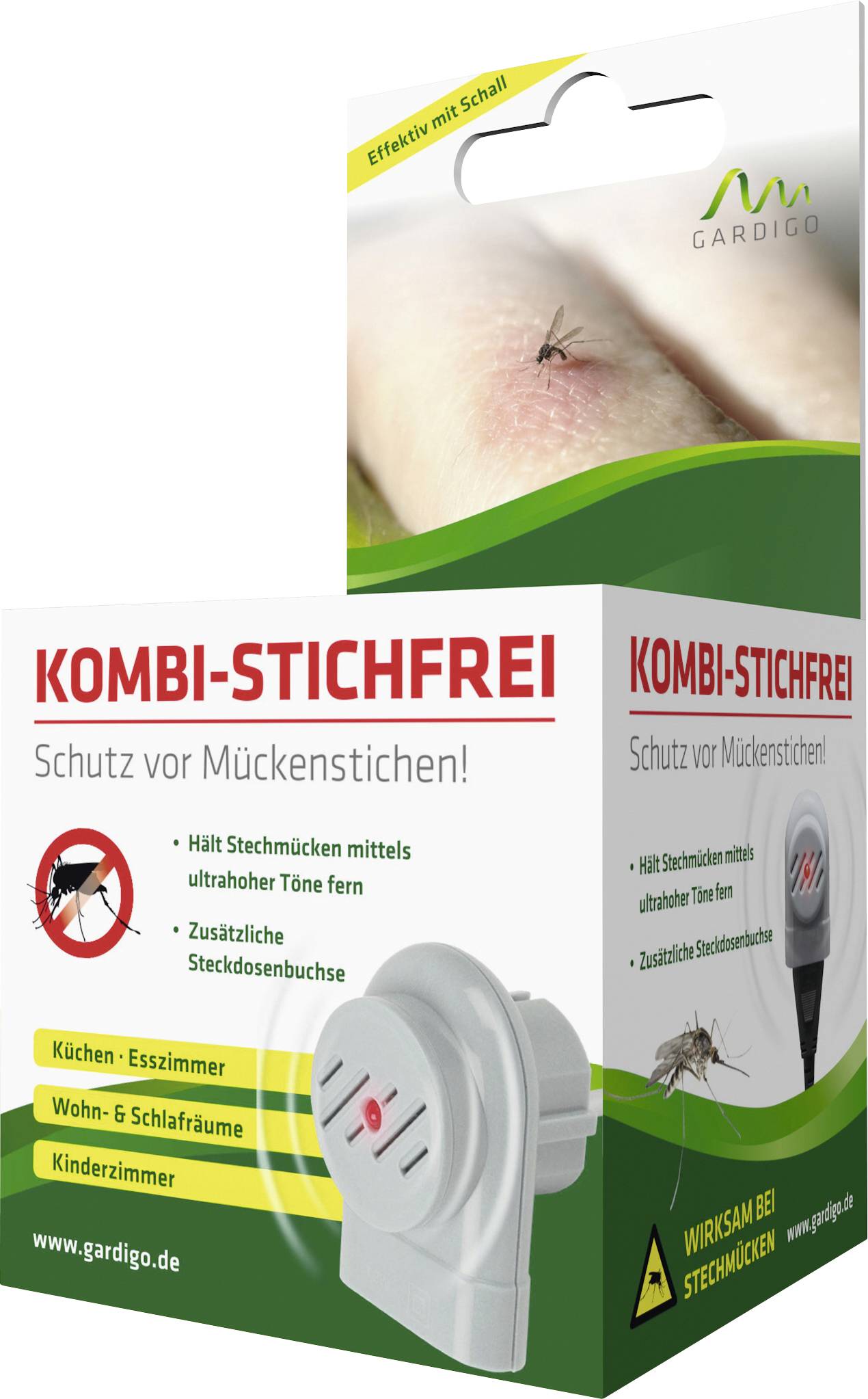 'Kombi-Stichfrei' Mückenschutzgerät-Verpackung; schützt vor Mückenstichen mit Ultraschall, geeignet für Innenräume wie Küche und Schlafzimmer.