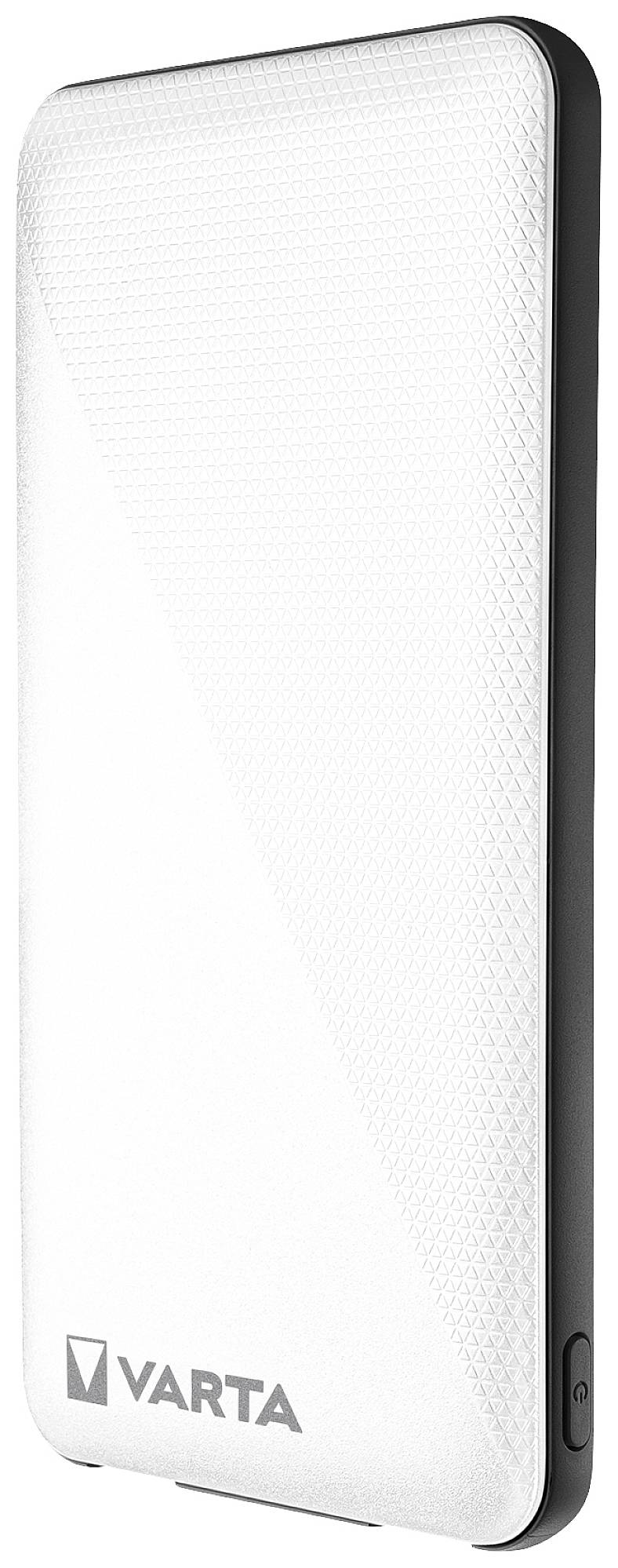 Weiße Varta Powerbank mit strukturiertem Design, stehende Ansicht.