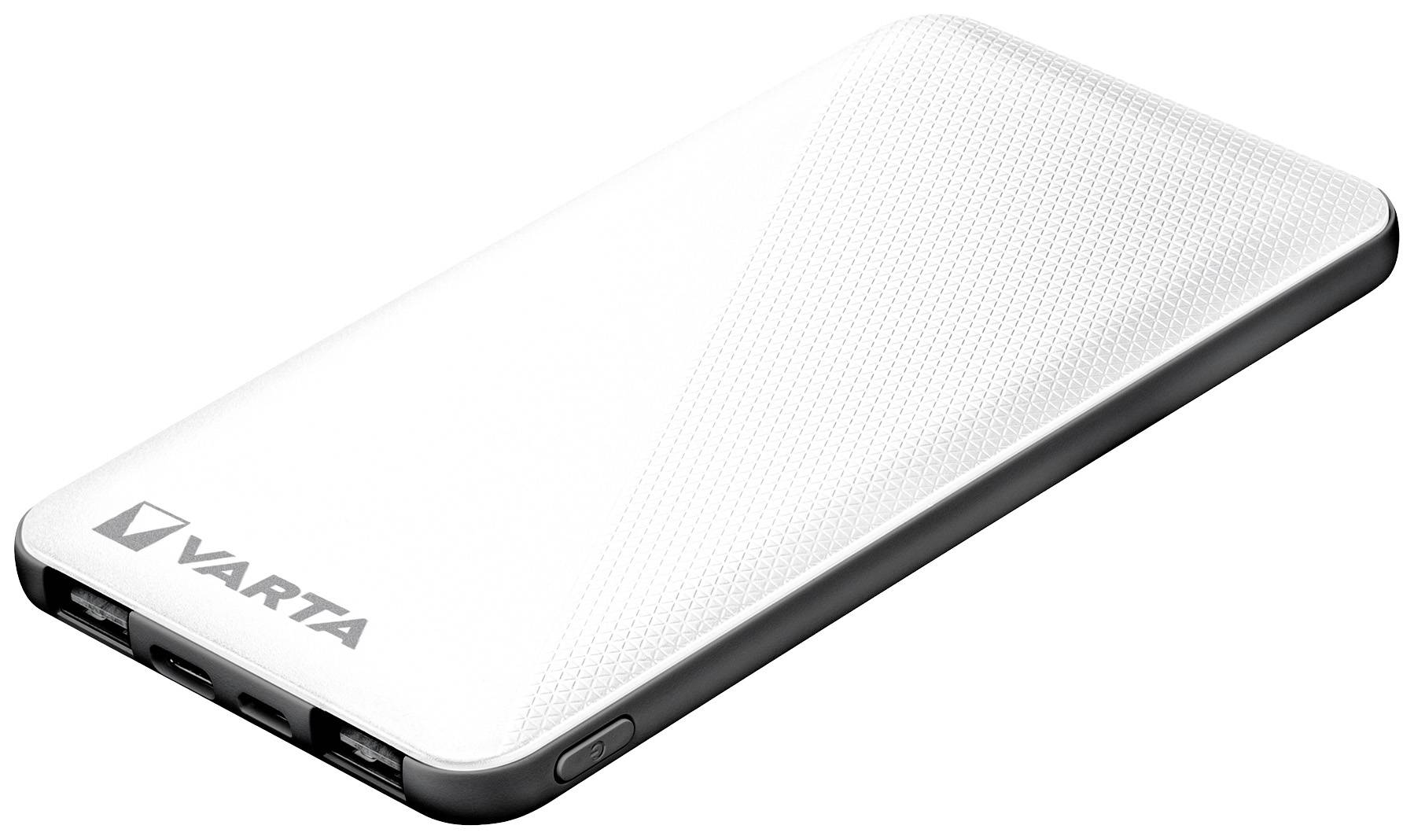 Weiße Powerbank mit VARTA-Logo, rechteckig und schlank. Sie hat abgerundete Ecken und Anschlüsse auf der Seite.