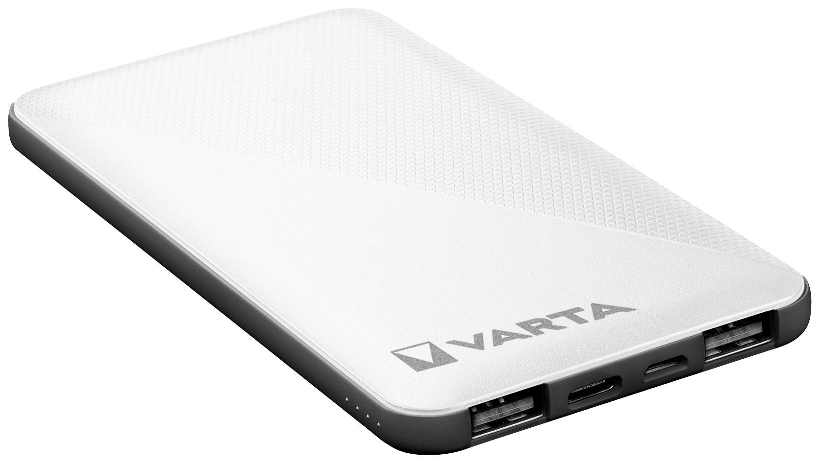 Weiße Powerbank der Marke Varta mit drei Anschlüssen an der Seite: zwei USB-Anschlüsse und ein Mikro-USB-Anschluss.