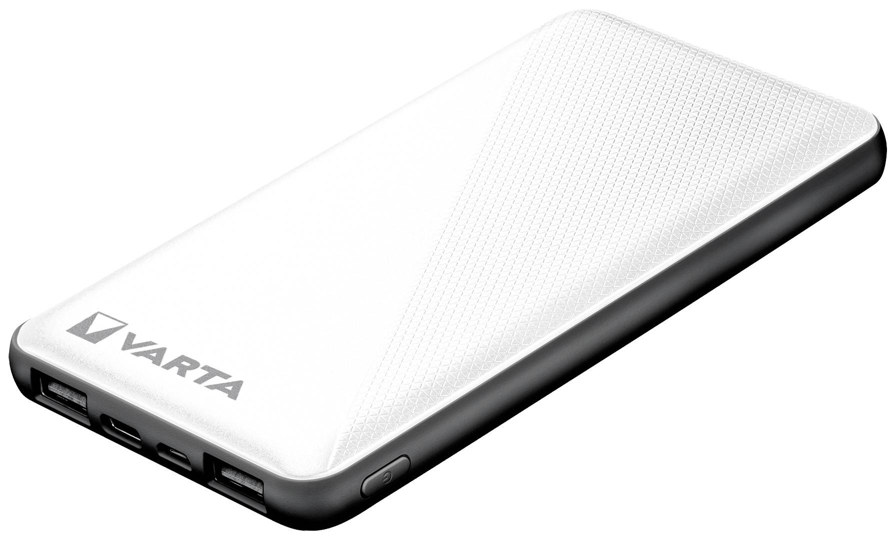 Weiße Varta Powerbank mit rechteckigem Design und zwei USB-Anschlüssen an der Seite.
