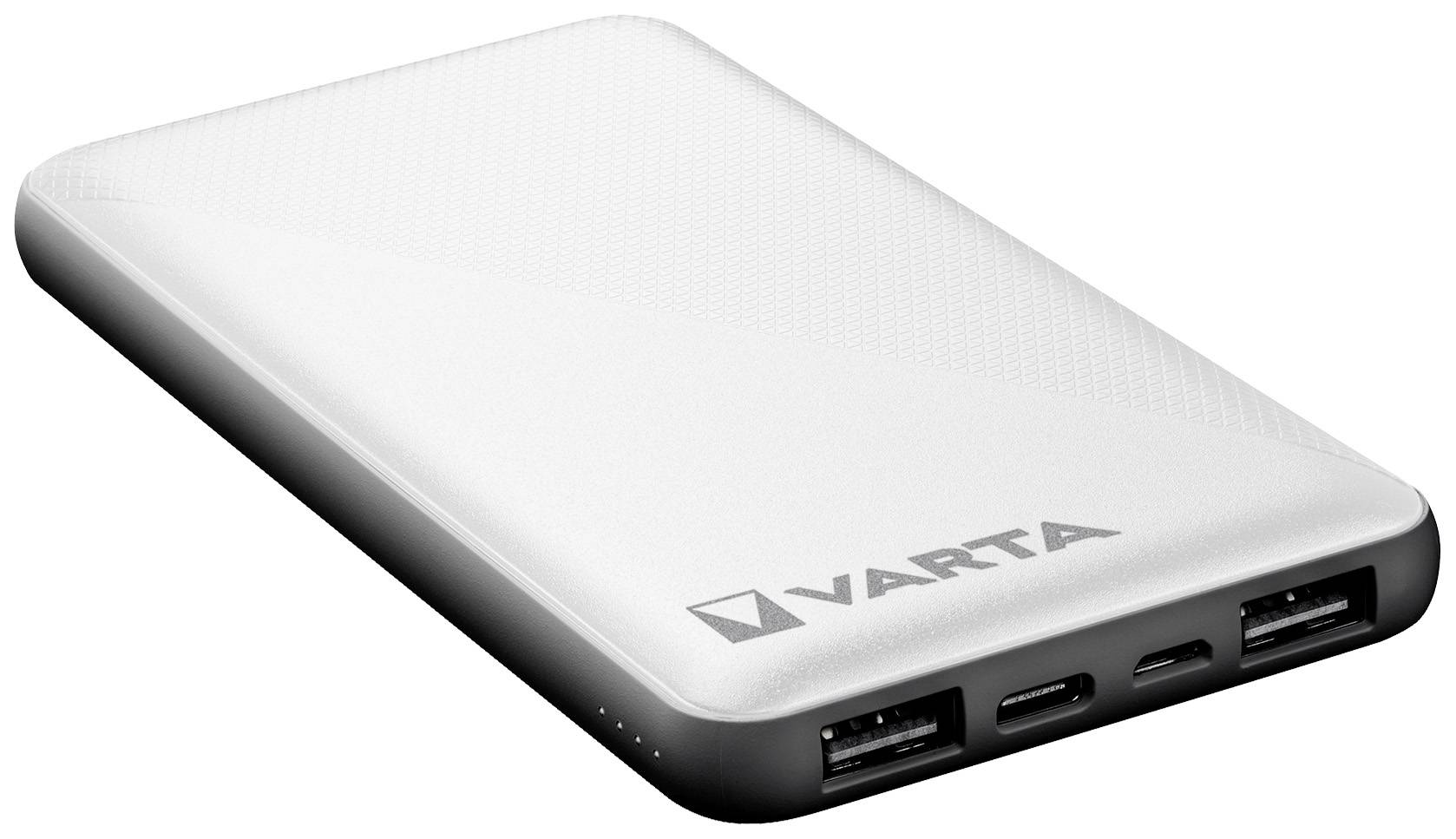 Weiße Powerbank mit mehreren USB-Anschlüssen, Marke Varta, auf weißem Hintergrund.