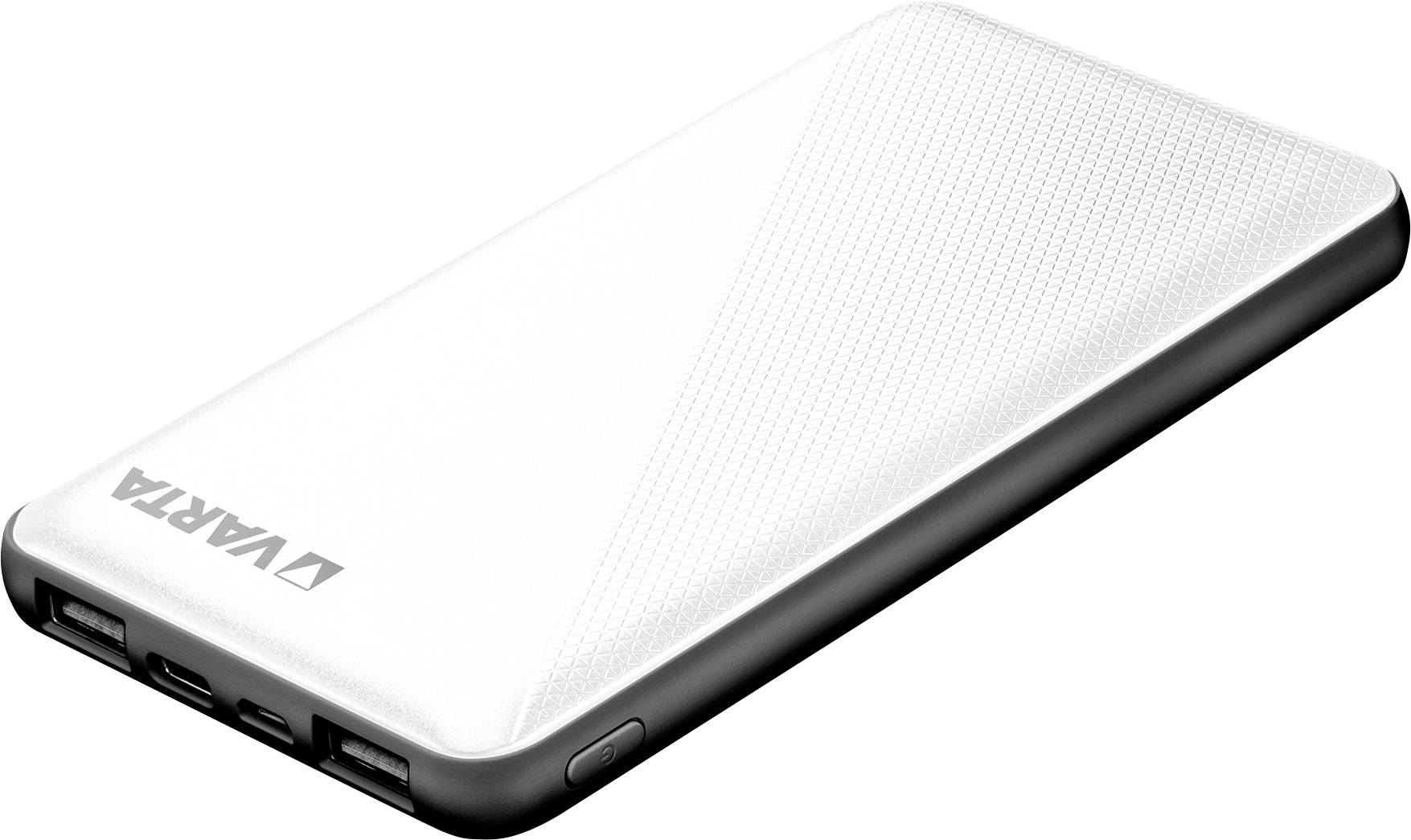 Weiße Powerbank von Varta, schlankes Design mit schwarzem Rand und mehreren USB-Anschlüssen.