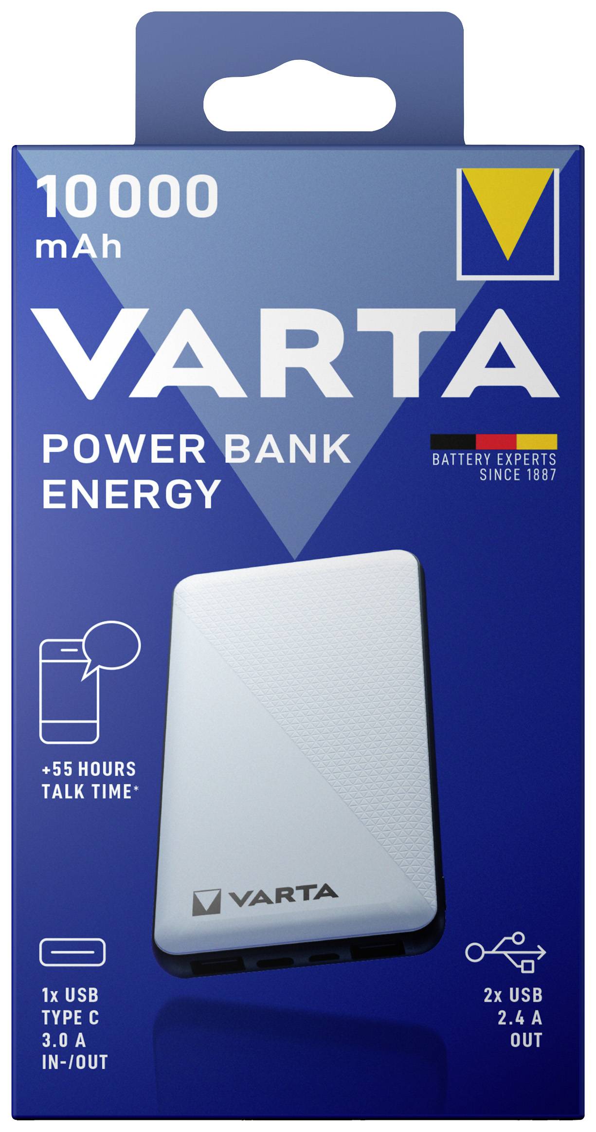 'VARTA Power Bank Energy', 10.000 mAh, 55 Stunden Gesprächszeit, 1x USB Type C 3.0A, 2x USB 2.4A Ausgänge, in blauer Verpackung.