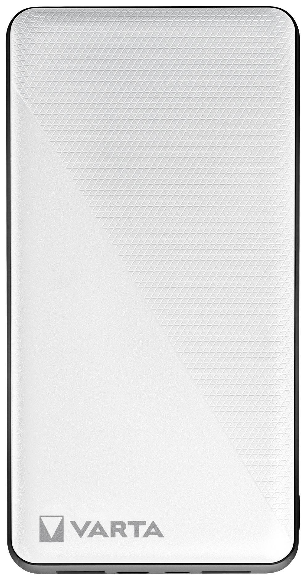 Eine weiße Powerbank mit dem Logo 'VARTA' unten links, gitterartige Textur rechts.