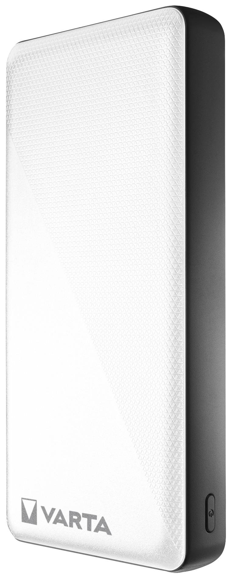 Eine weiße VARTA-Powerbank mit abgerundeten Ecken und einem unten links platzierten Logo. Sie verfügt über einen seitlichen Knopf.