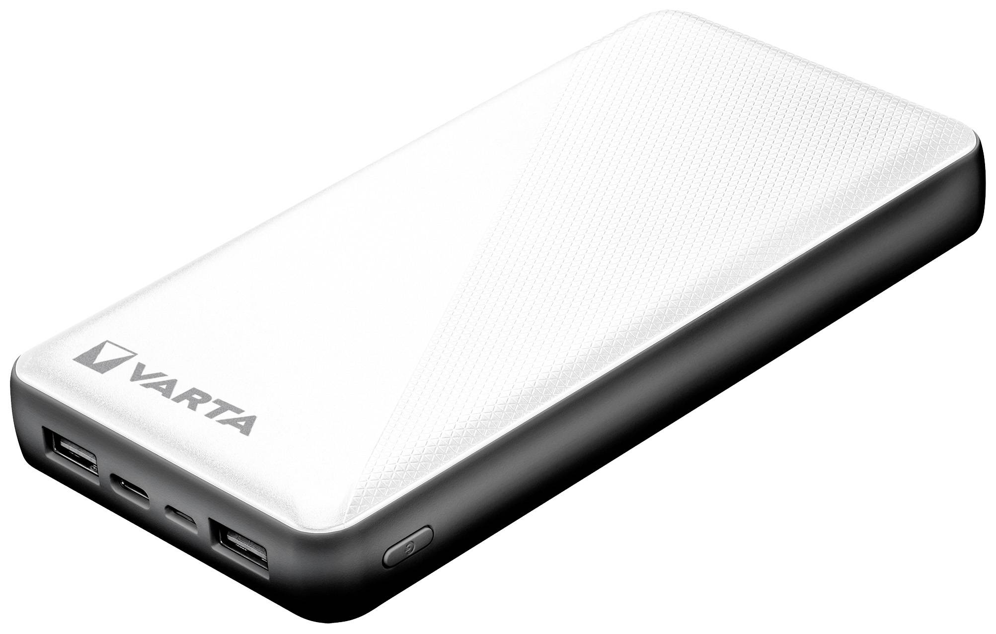 Eine weiße Powerbank mit schwarzem Rand und der Aufschrift 'VARTA', mit mehreren USB-Anschlüssen an der Seite.