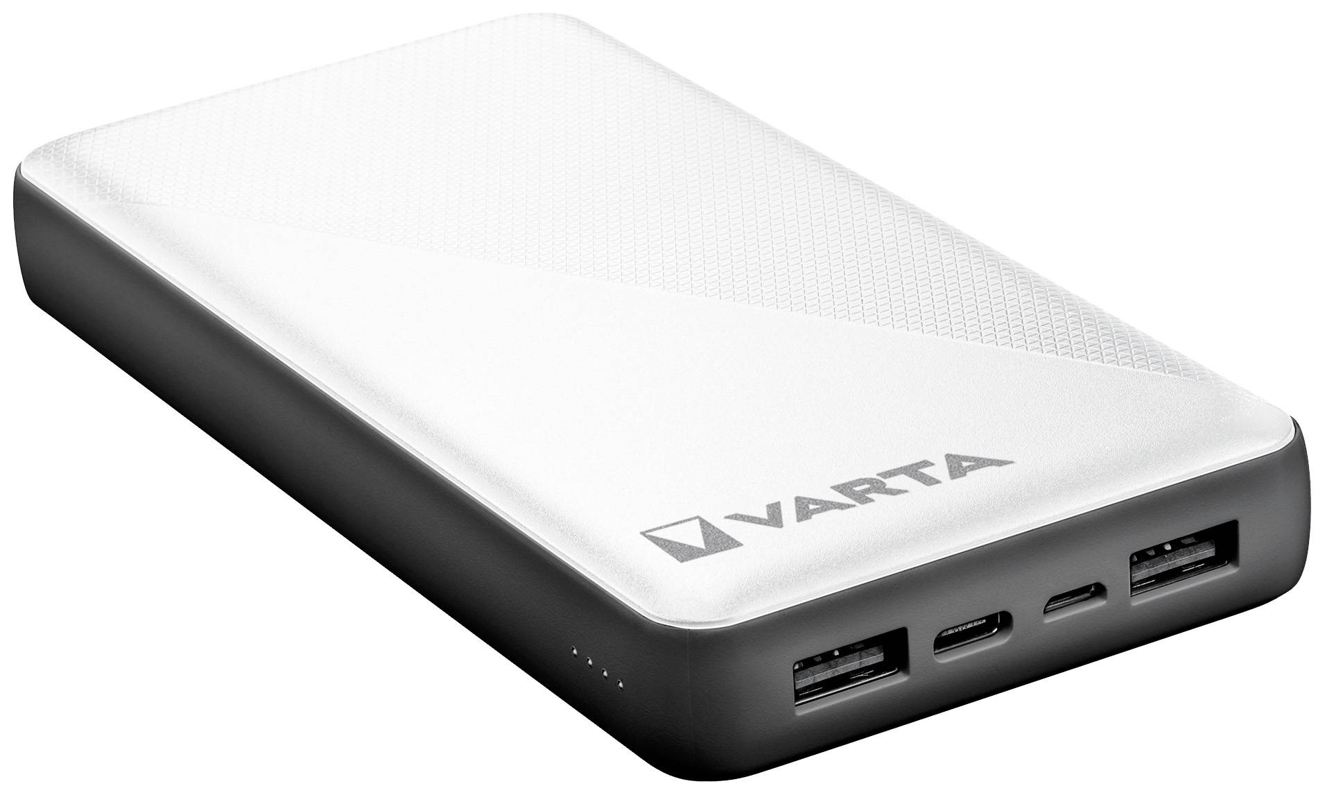 Eine weiße Powerbank mit der Aufschrift 'VARTA', zwei USB-Anschlüsse und ein USB-C-Anschluss auf der Seite sichtbar.