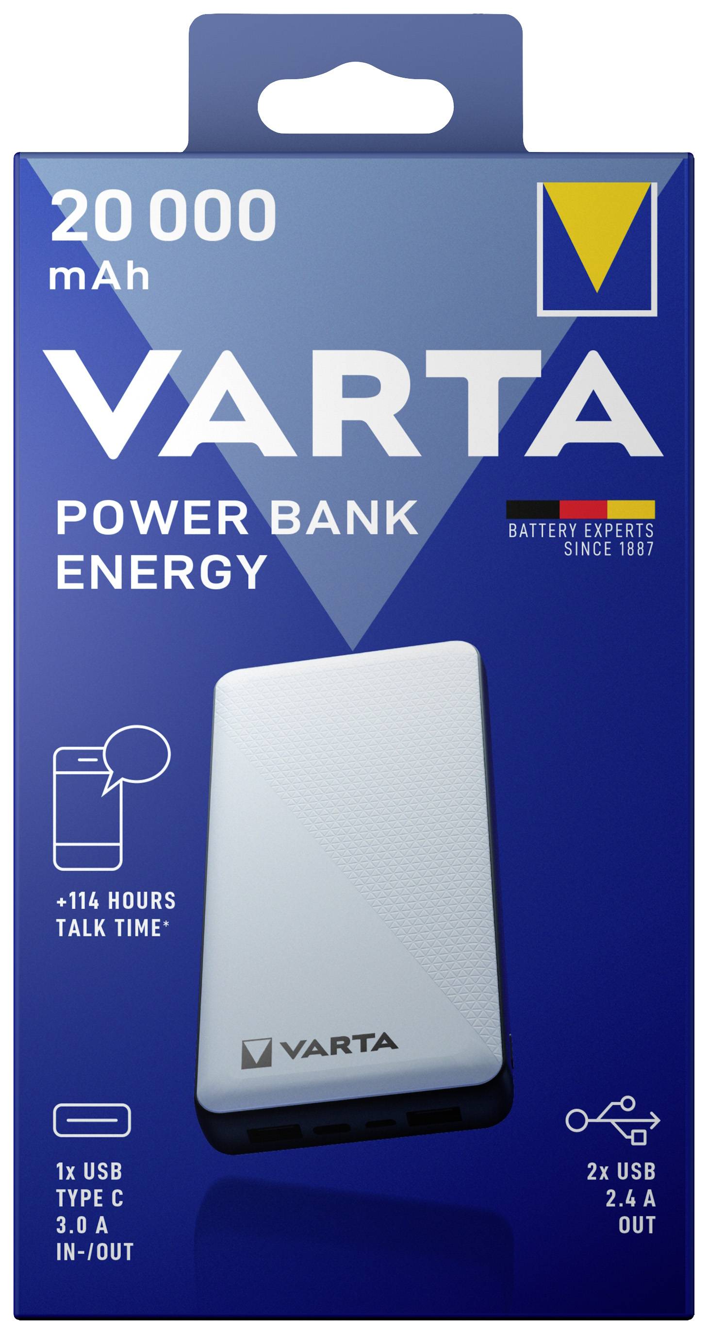 Eine Varta Powerbank-Verpackung mit 20.000 mAh Kapazität, USB-Typ-C 3.0 Eingang und zwei 2,4 A USB-Ausgänge. Bis zu 114 Stunden zusätzlicher Gesprächszeit.
