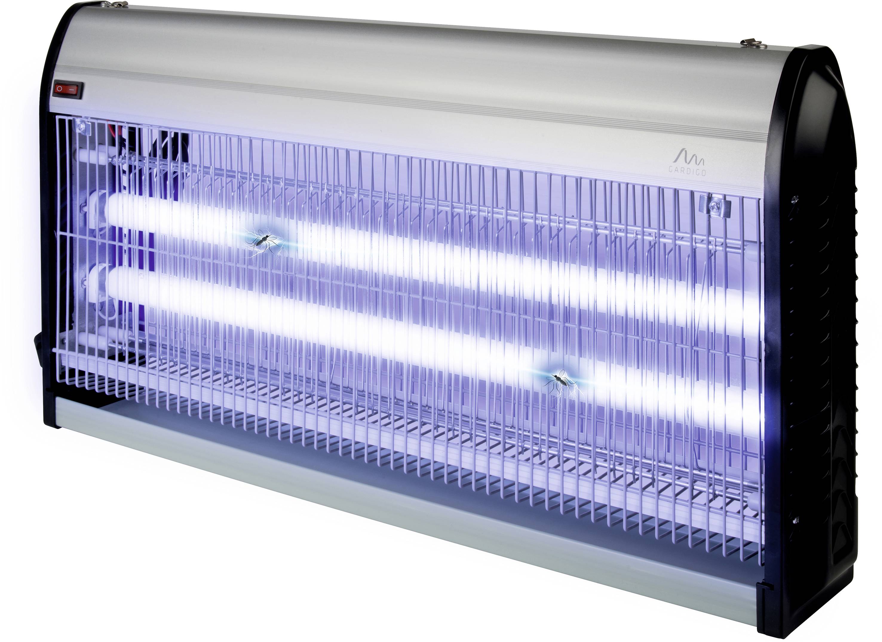 Ein UV-Insektenvernichter mit zwei leuchtenden Röhren zieht Insekten an. Das Gerät hat ein Metallgitter und einen schwarzen Rahmen.