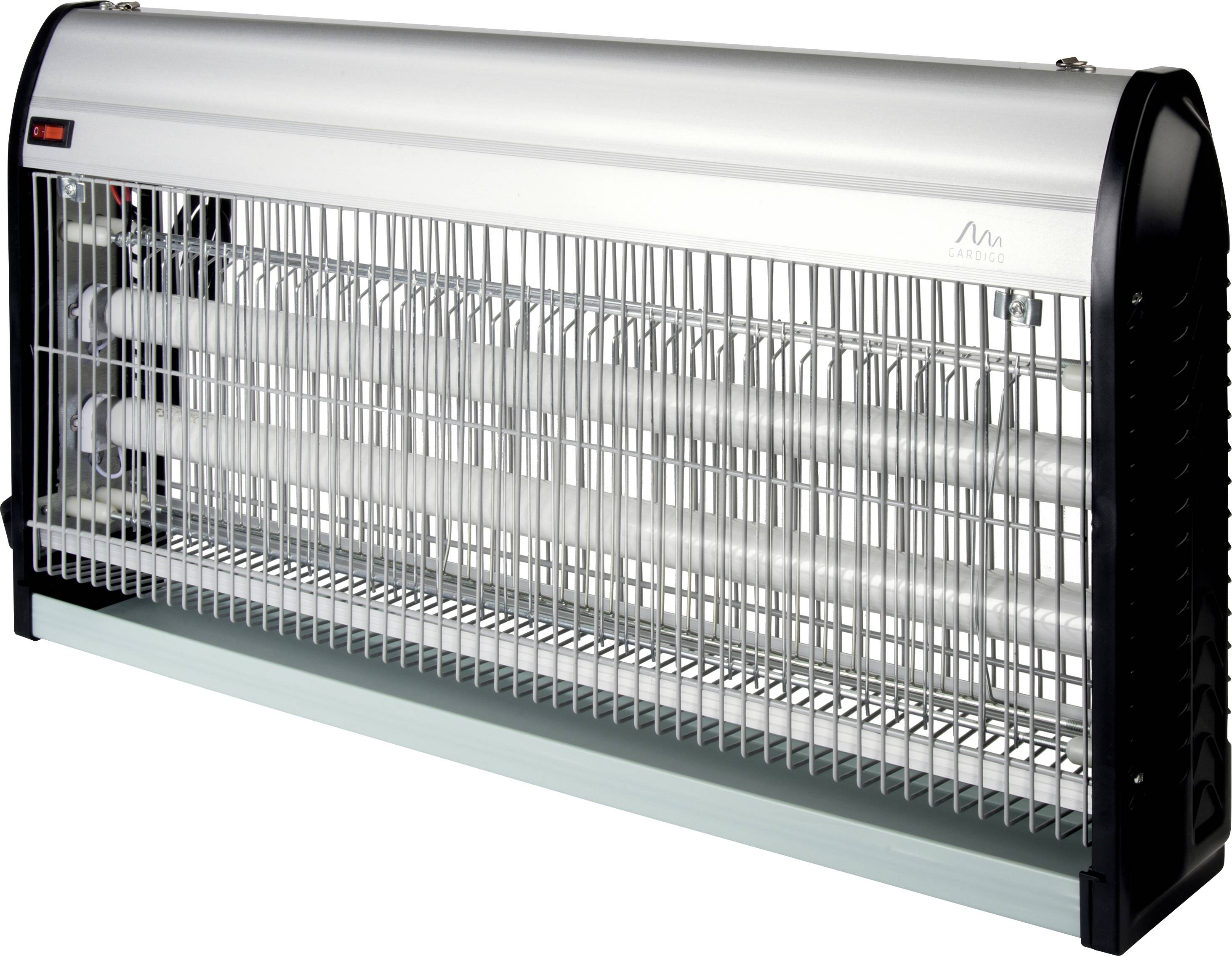 Fluginsektenvernichter in rechteckiger Form mit Schutzgitter, zwei UV-Lampen und einem Auffangbehälter unten.