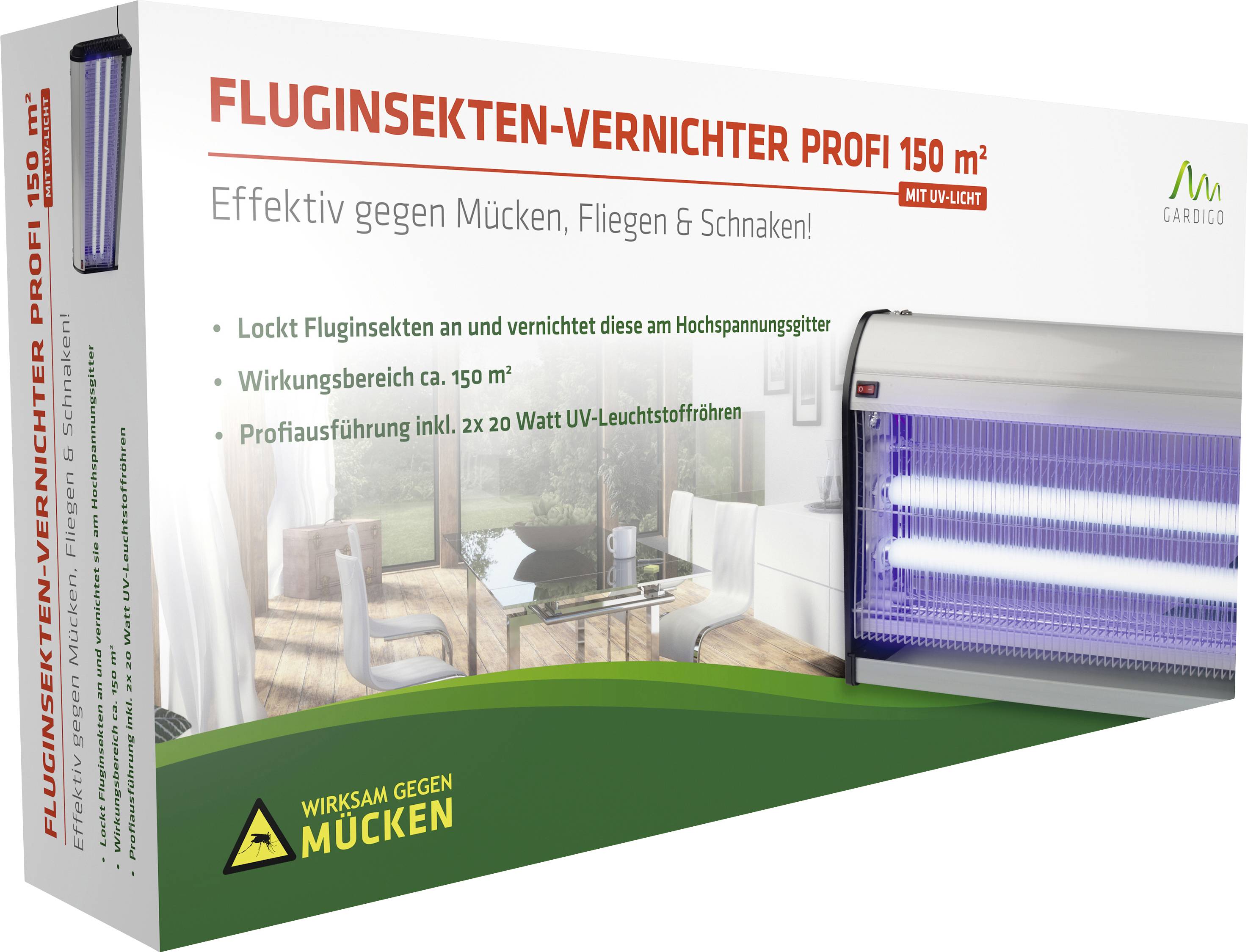 Eine Packung 'Fluginsekten-Vernichter Profi 150 m²' mit UV-Licht, wirksam gegen Mücken, Fliegen und Schnaken.