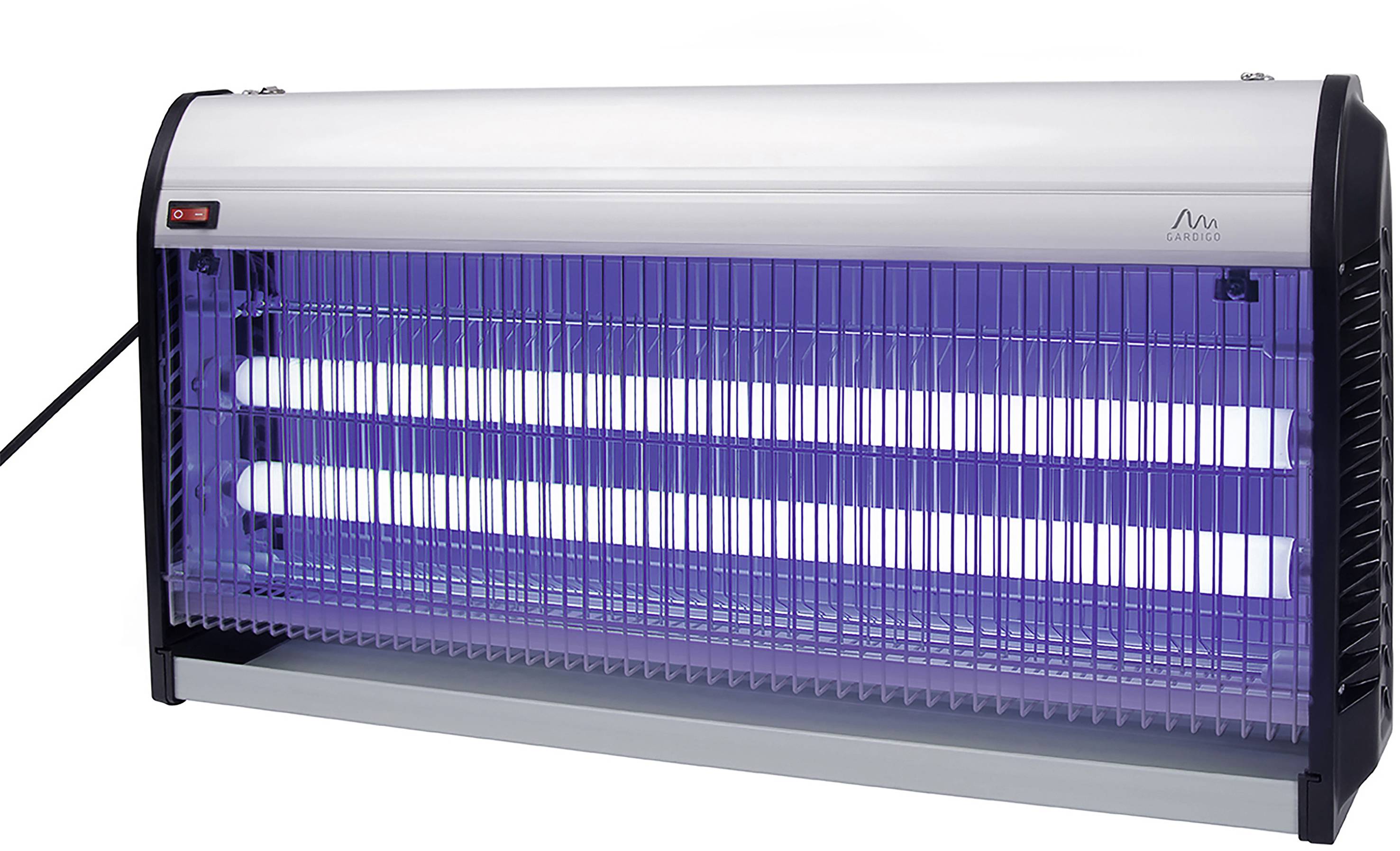 Elektrischer Insektenvernichter mit zwei leuchtenden UV-Röhren, schwarzes und silbernes Gehäuse, auf einer flachen Oberfläche.