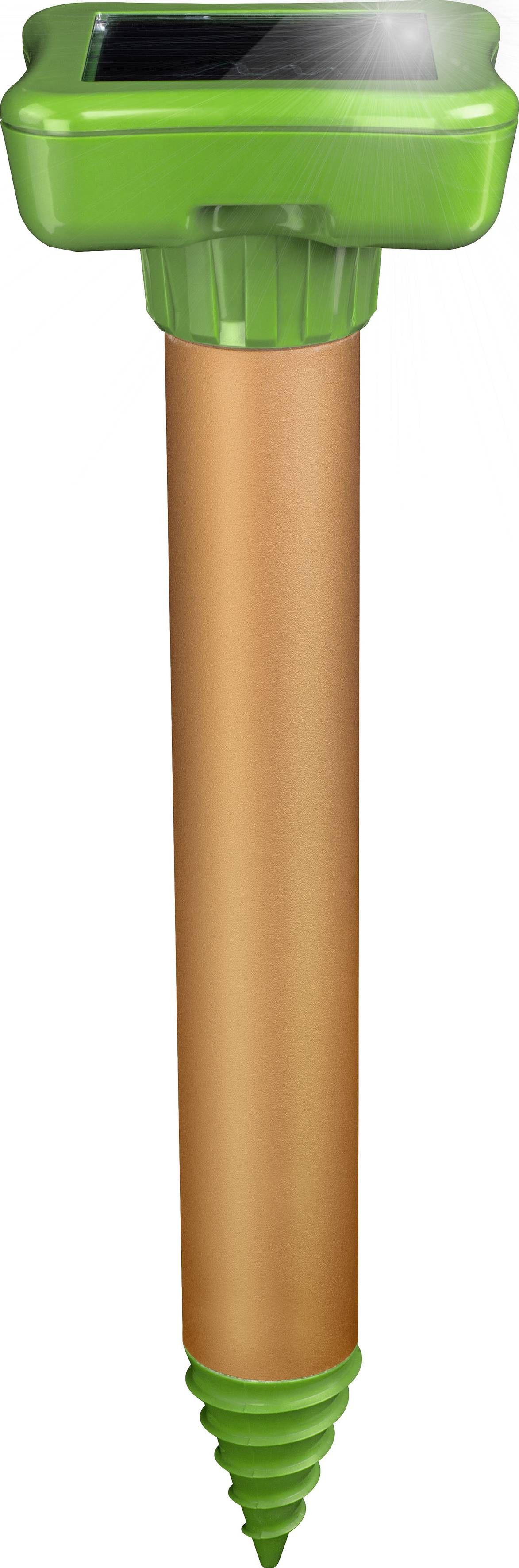 Sonnenbetriebener Maulwurfschreck mit grünem Kopf und bronzefarbenem Erdspieß; dient zur Abwehr von Nagetieren im Garten.